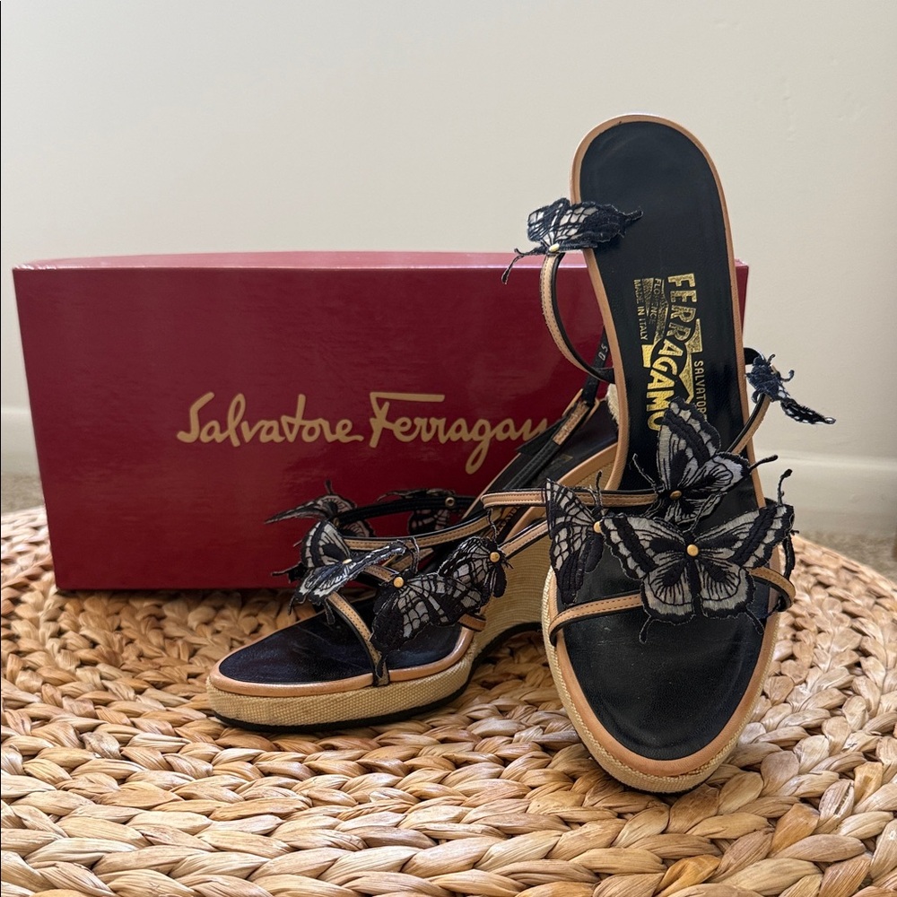Salvatore Ferragamo Black Sandals with Butterfly Accents